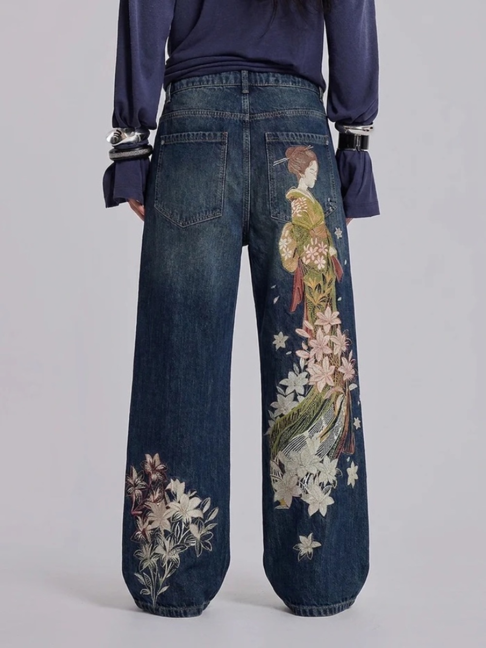 Y2K Dark Blue Sakura Embroidered Baggy Wide Leg Jeans M